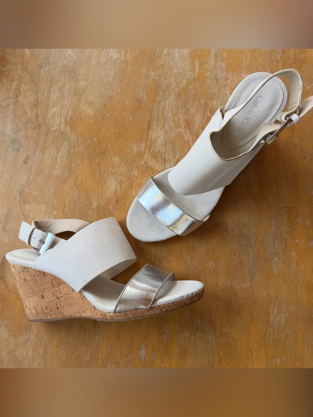 Calvin Klein Ivory and Silver Cork Wedge Sandals